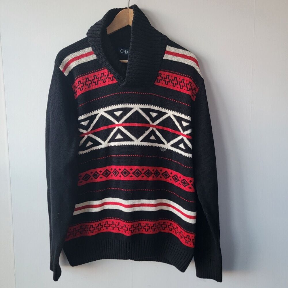 Chaps Men's Classic Fit Nordic-Inspired Shawl-Collar Sweater American Black sz L